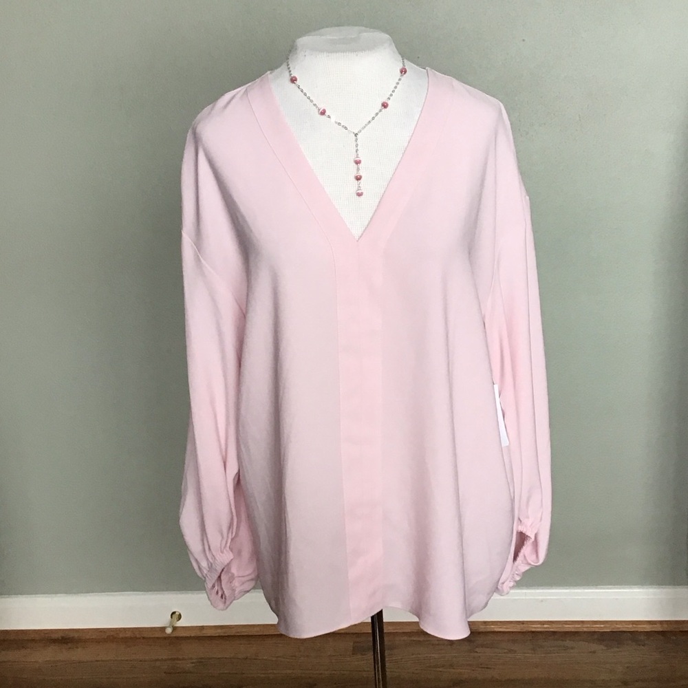Nordstrom Blush Pink V-Neck Blouse Balloon Sleeve Relaxed Fit Women's Medium